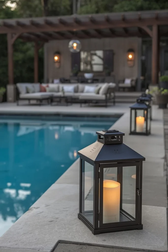 Decorative lanterns glowing along modern poolside
