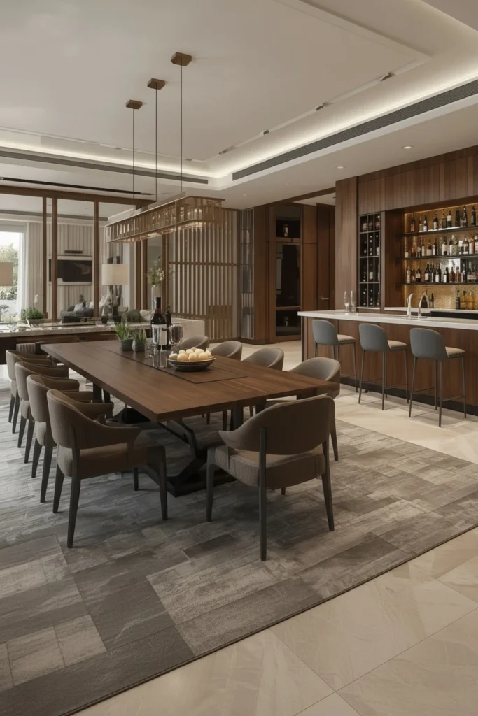 Dining room wall bar counter with open shelves