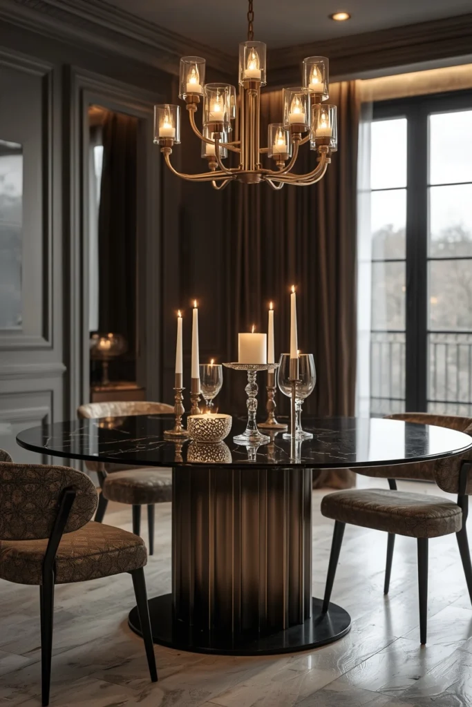 Three candle holders of different heights on table.