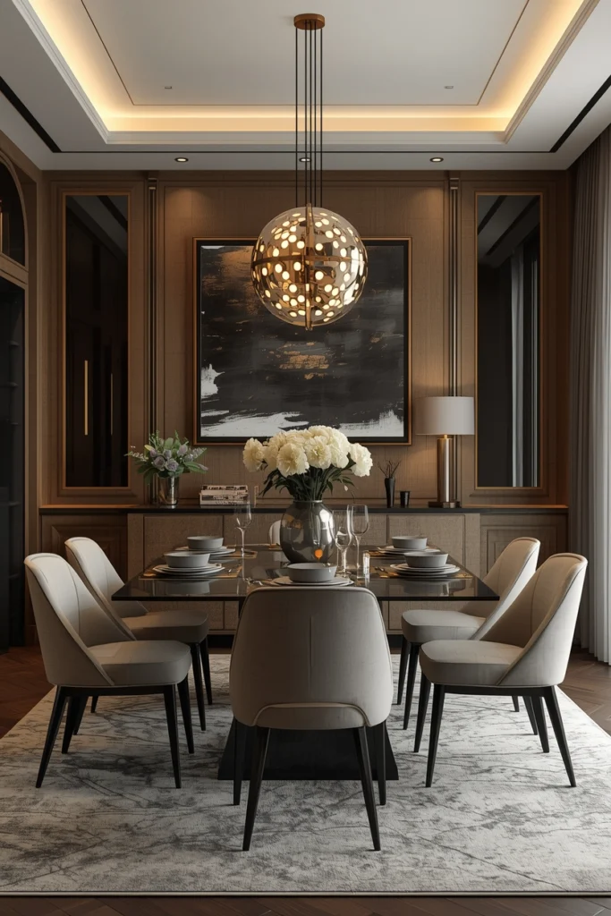 A dining table styled to match surrounding room decor.