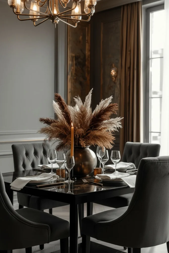 Dried pampas grass in a vase on dining table.