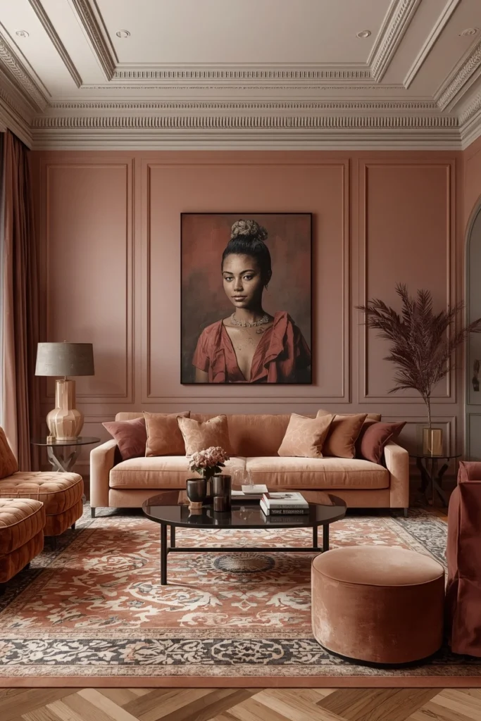 Dusty rose and putty toned living room