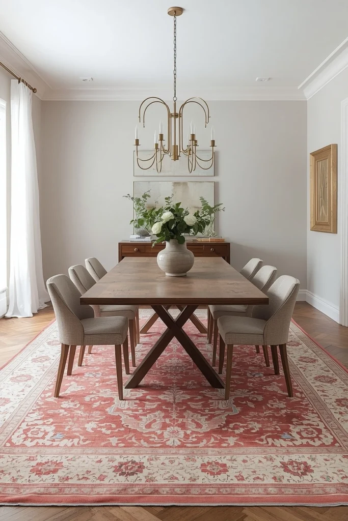 Faded vintage rug under contemporary dining furniture
