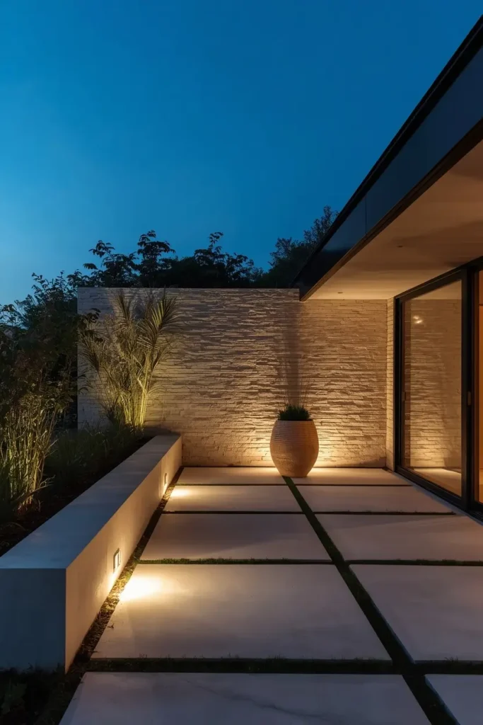 Dramatic board-formed concrete feature wall on modern outdoor terrace