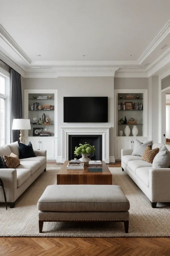 A sofa faces the fireplace as room focal point.