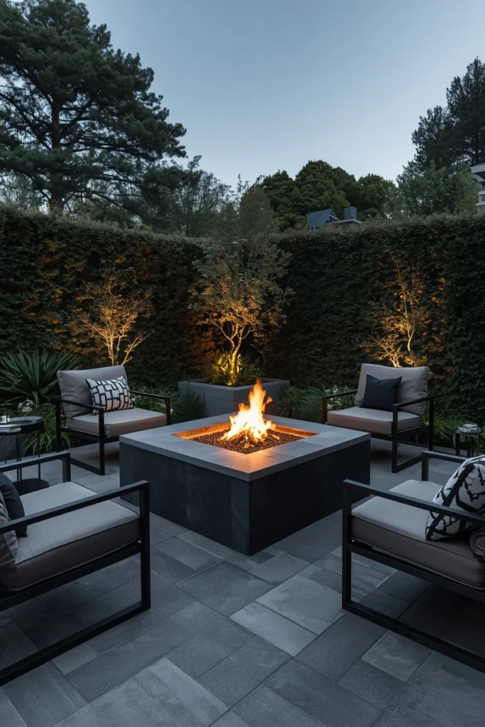 A fire pit surrounded by chairs creates warm evening gatherings.