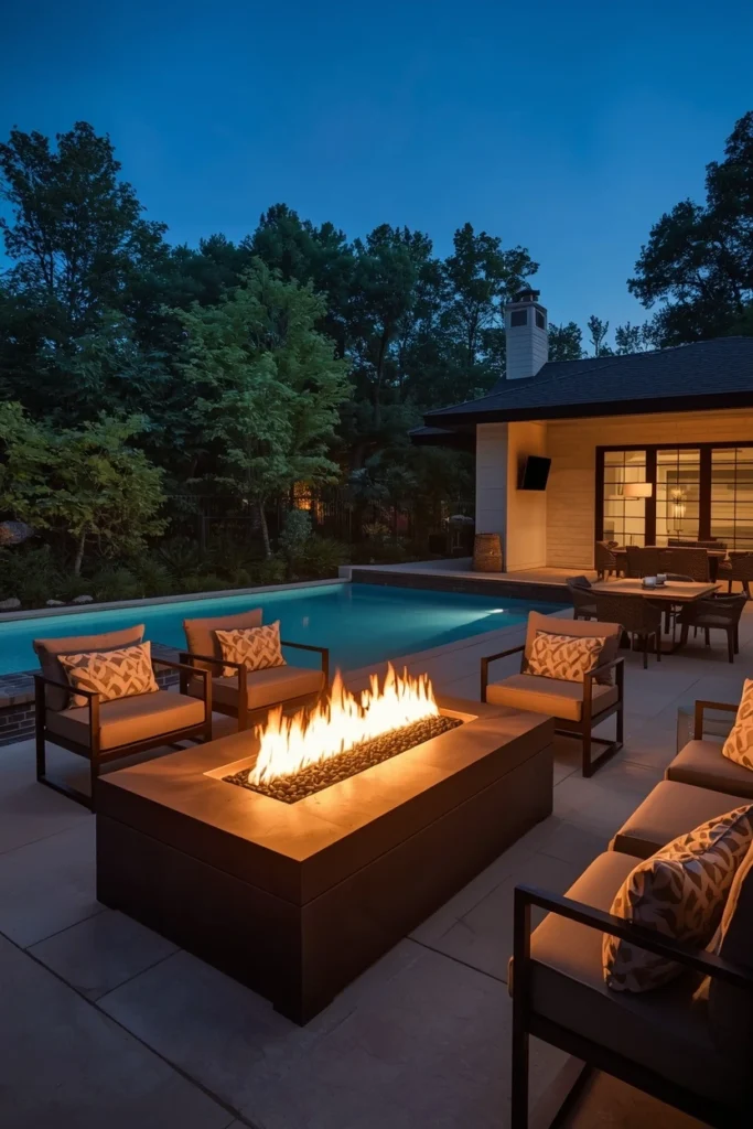Modern fire pit glowing beside pool seating area
