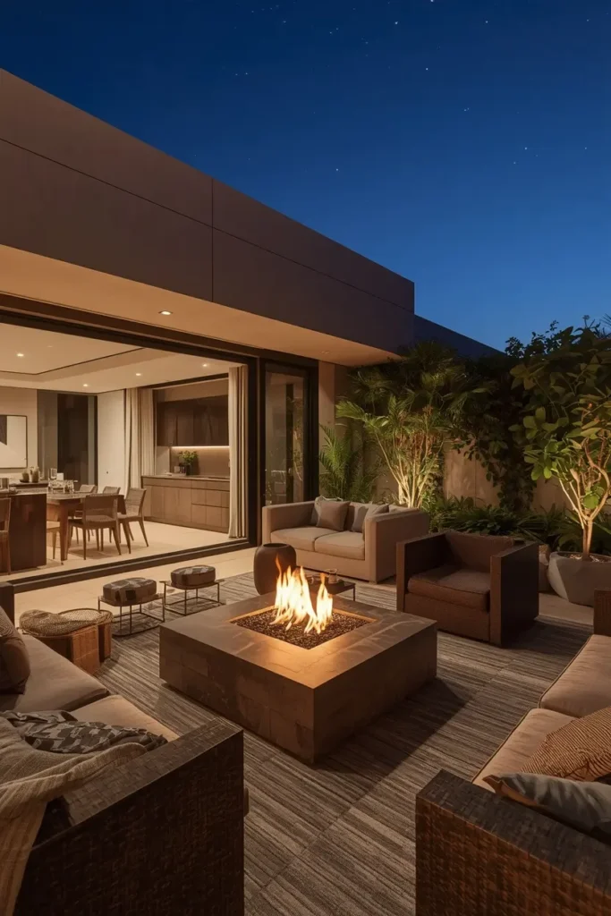 Elegant concrete fire pit table glowing on modern terrace