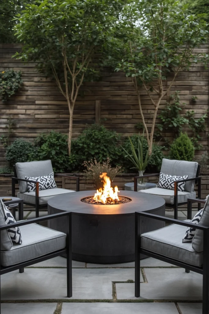 Round concrete fire pit table on small summer patio