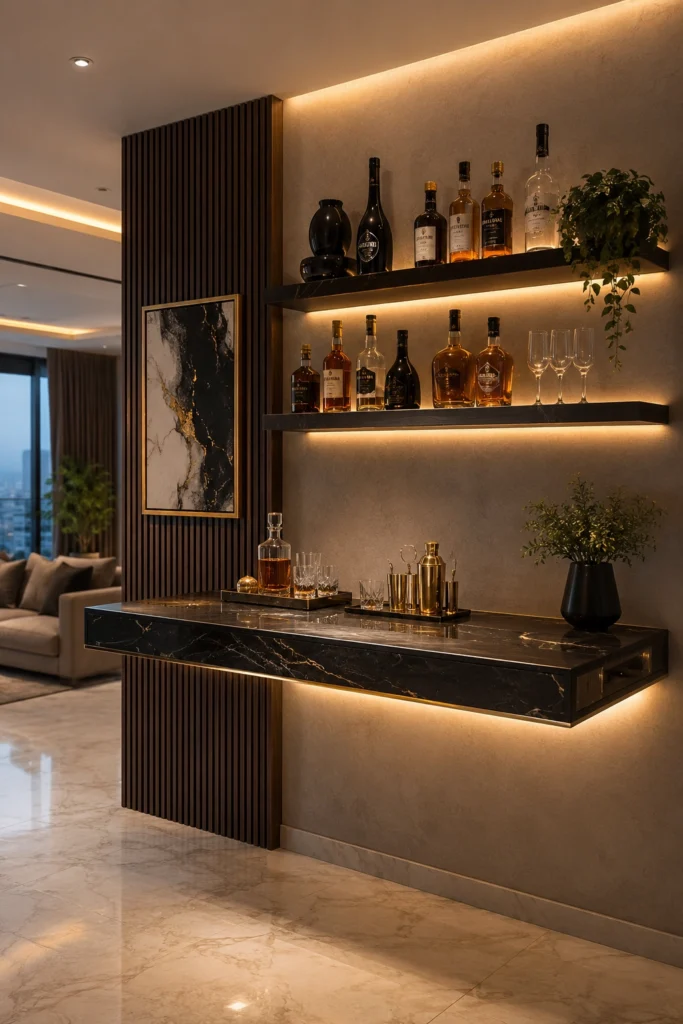 Wall-mounted floating bar counter with open shelves