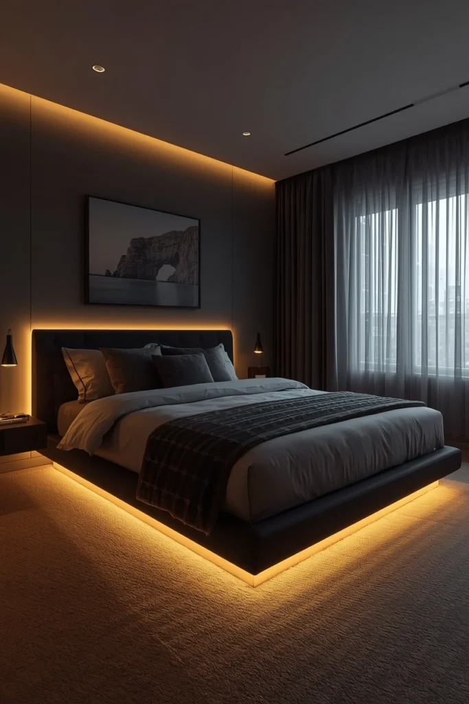 A modern floating bed glows softly with warm LED lighting underneath.