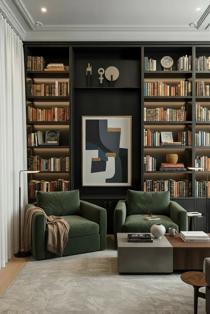 Tall vertical bookshelf fills an entire room wall.