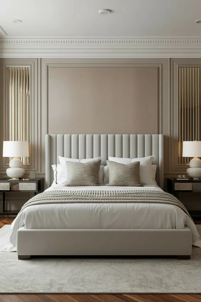 A cream fluted headboard bed adds texture to the bedroom.