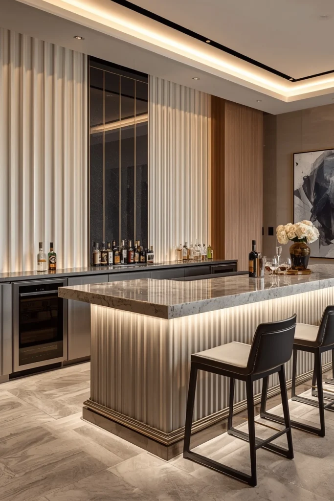Fluted oak wall panels behind modern home bar
