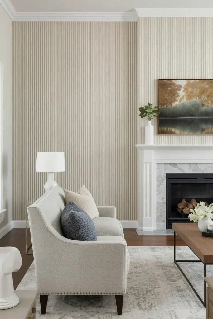 Fluted white oak wood panels on farmhouse accent wall