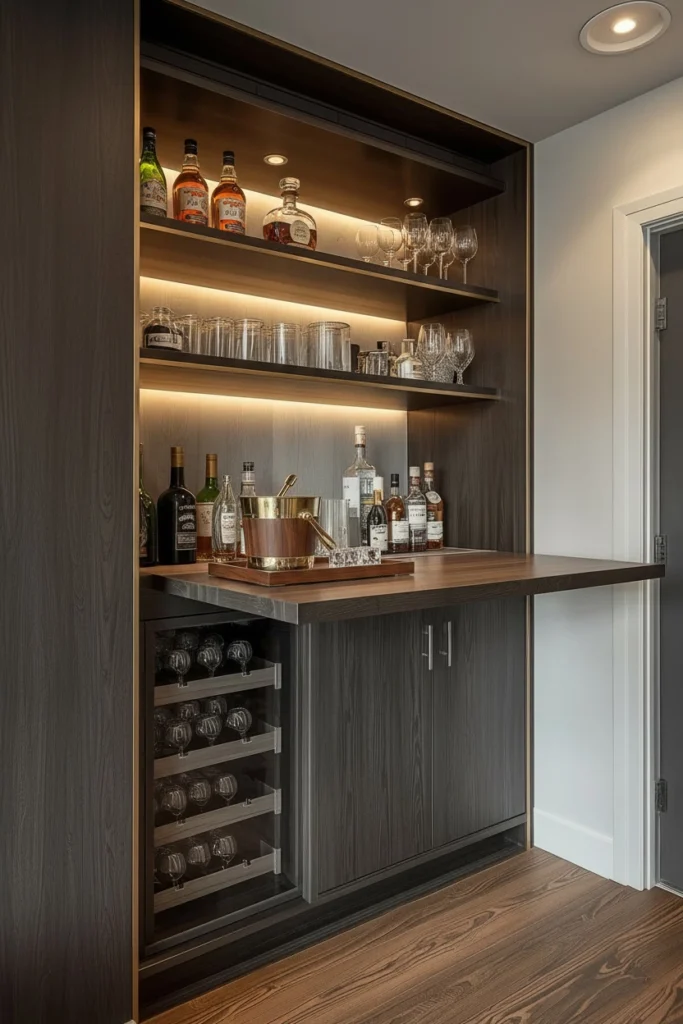 Fold-down wall bar counter open for use