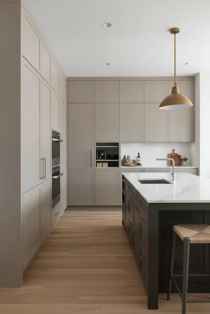 Full-height pantry wall hides clutter behind sleek closed doors.
