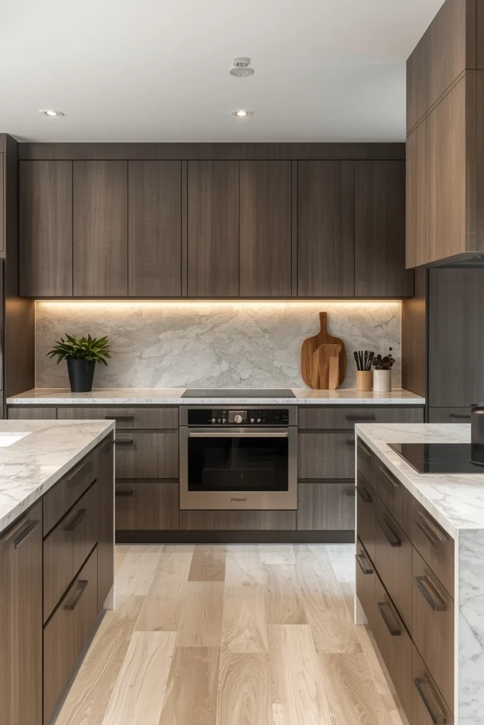 A full stone slab backsplash makes any kitchen look high-end.