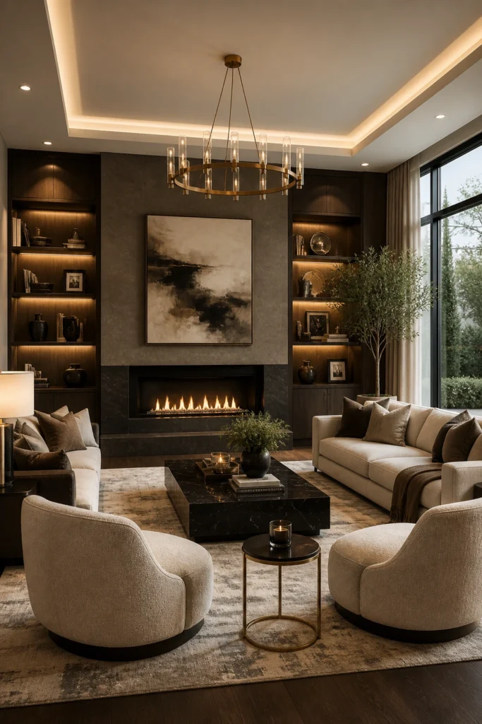 Seating arranged around a fireplace instead of television.
