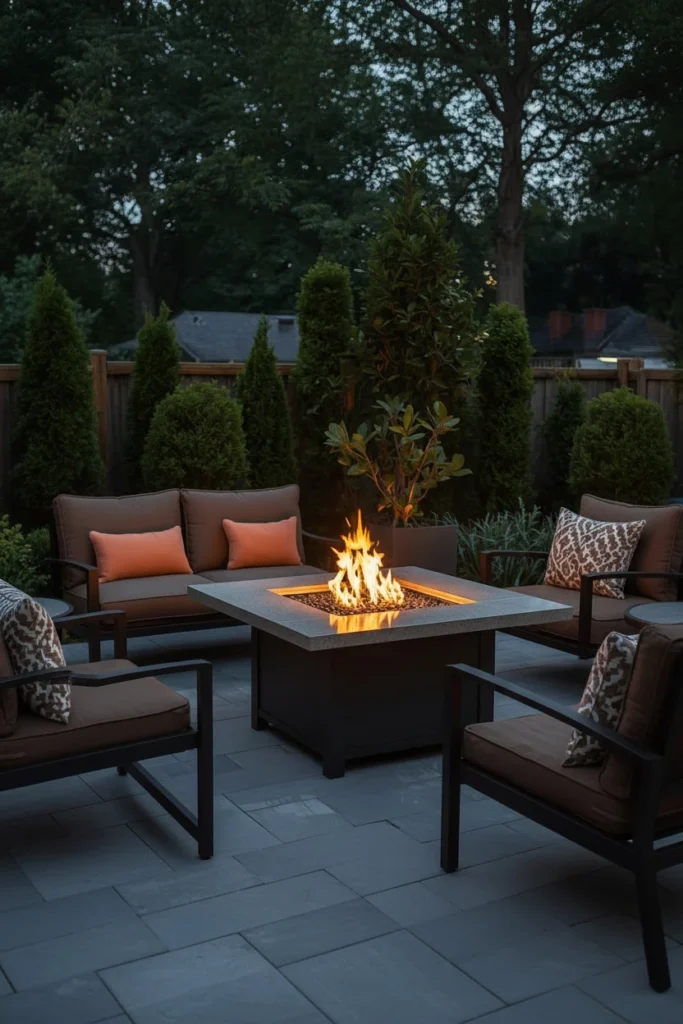 Gas fire pit table centered in outdoor seating area