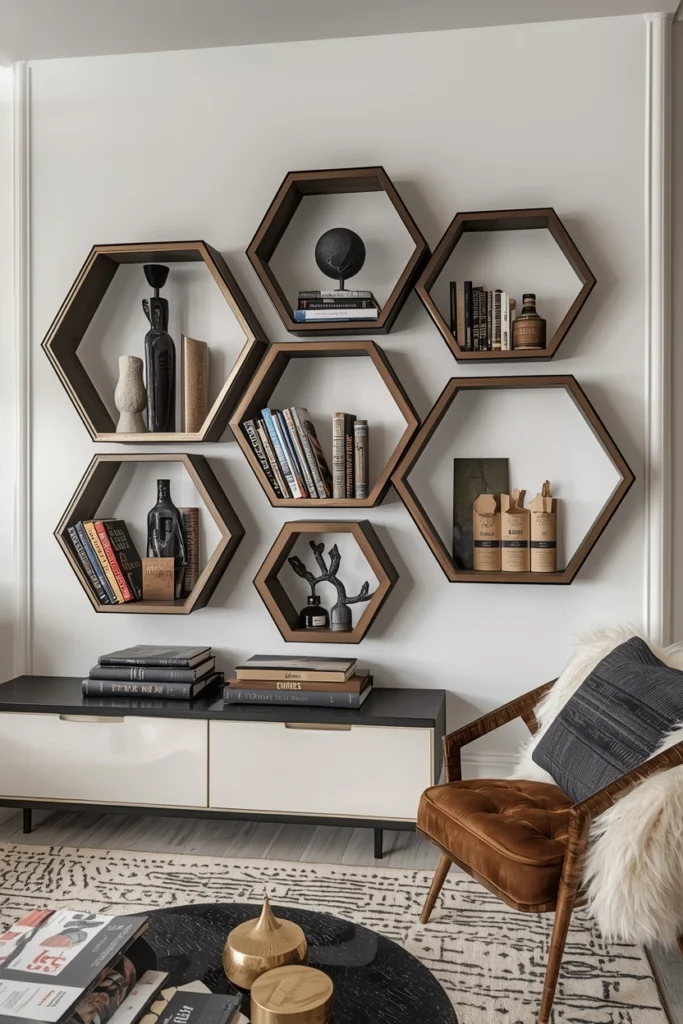 Hexagonal geometric bookshelf displayed on a modern living room wall.