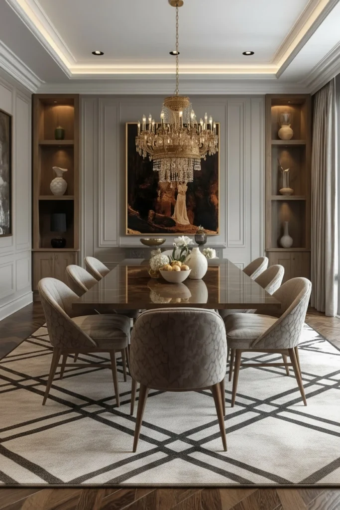 Geometric charcoal rug under rectangular dining table