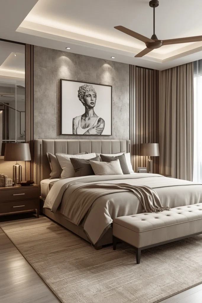 A soft greige tonal bed design looks calm and luxuriously refined.