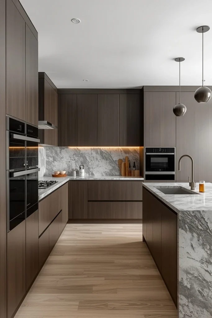 Handleless cabinets create a smooth, modern kitchen look.
