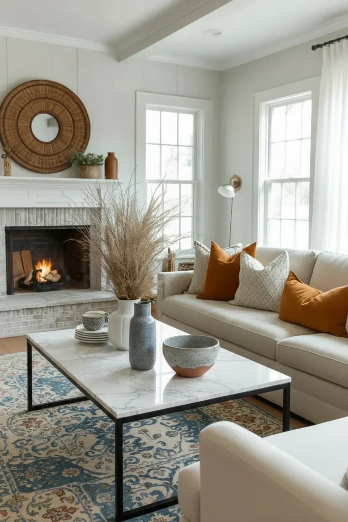 Handmade terracotta pottery displayed on farmhouse shelves