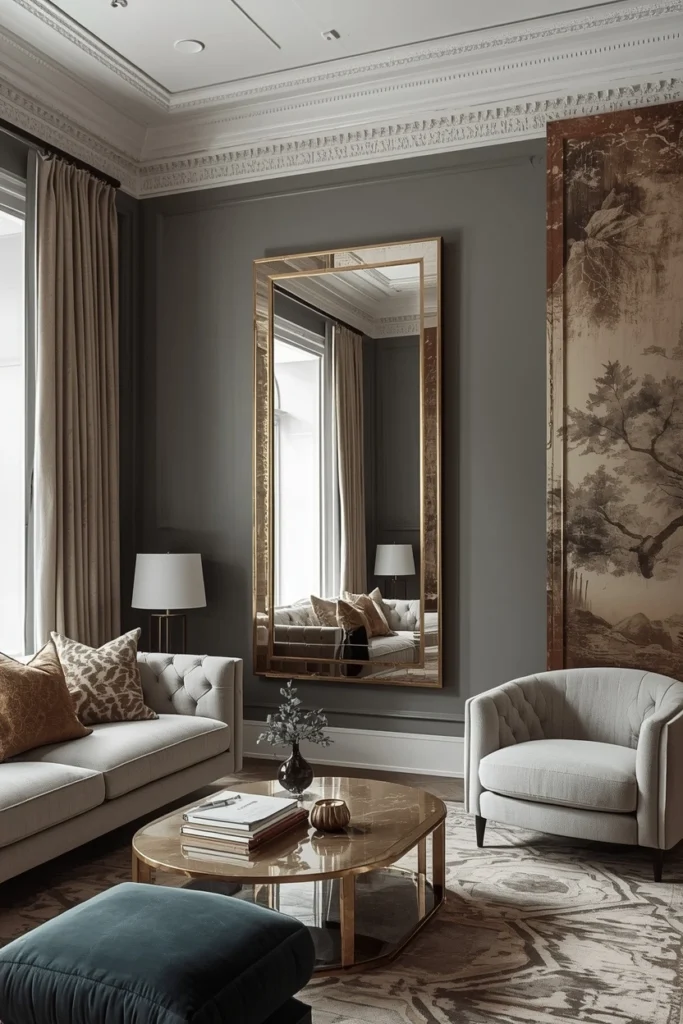 A large mirror reflects light across the living room.