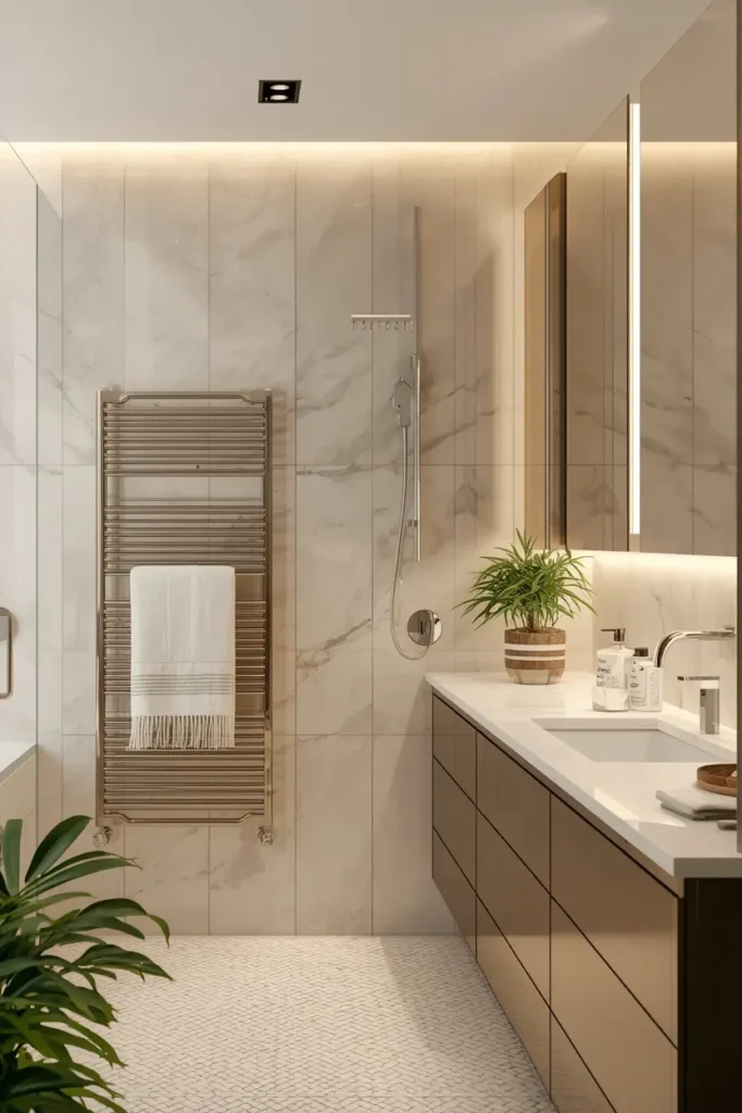 Matte black heated towel rail mounted on bathroom wall