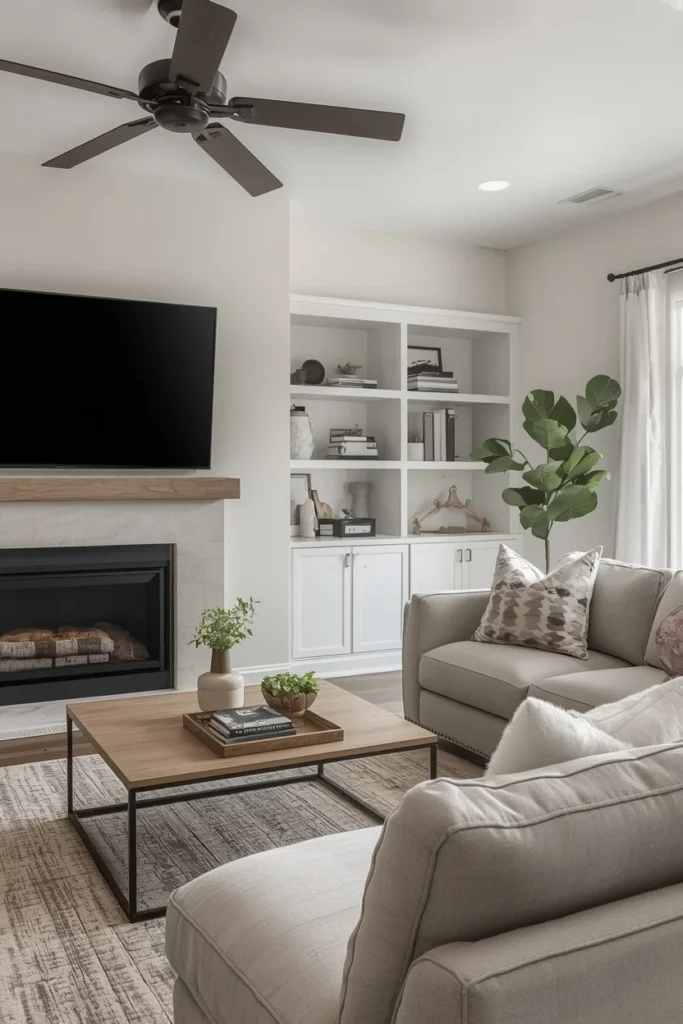 Hidden smart technology in clean modern farmhouse living room