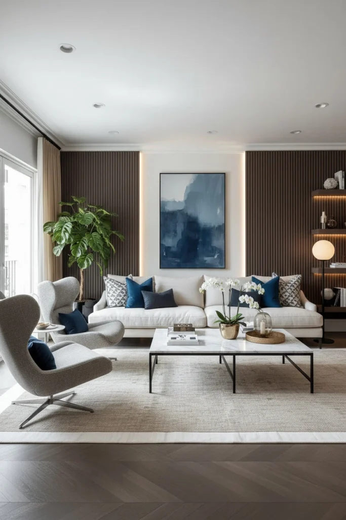 Indigo accents with natural linen sofa and curtains