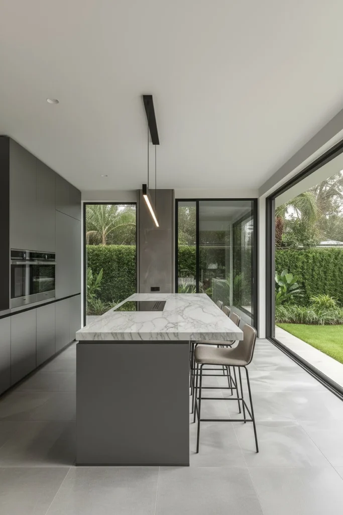 Large folding doors connect the kitchen seamlessly to the garden.