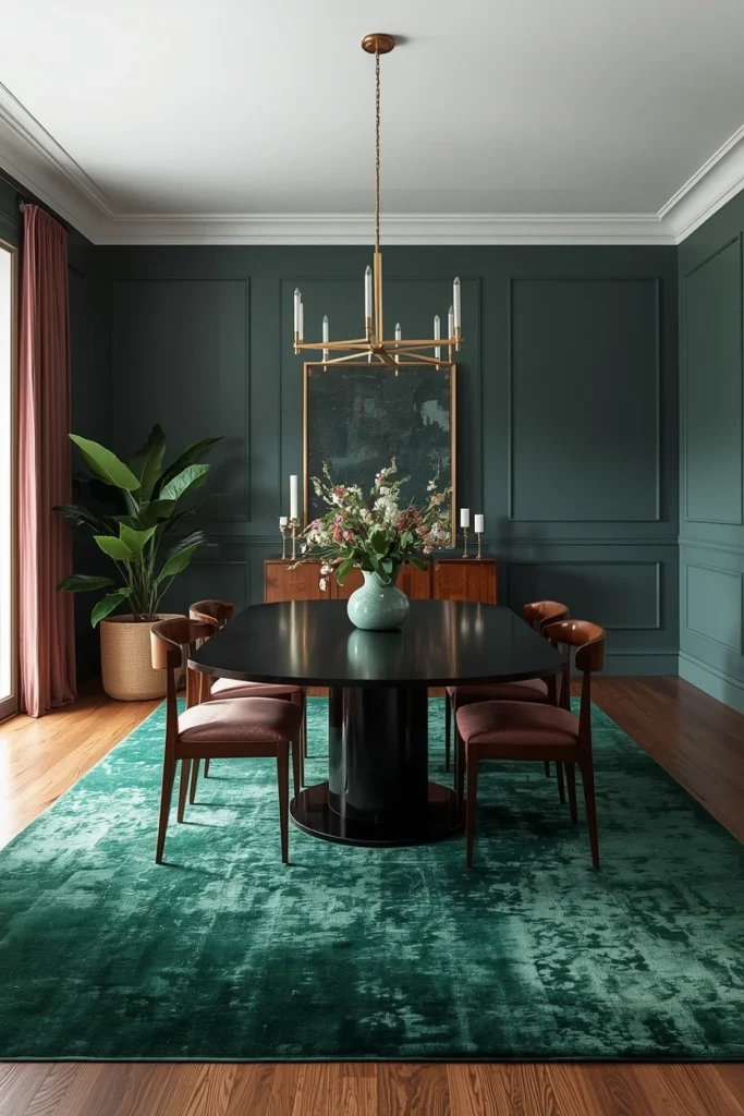 Deep emerald green rug in luxury dining room
