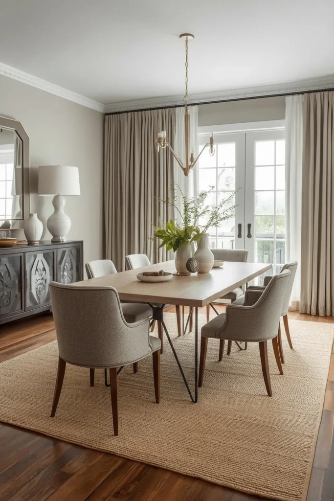 Jute rug under wood dining table with chairs
