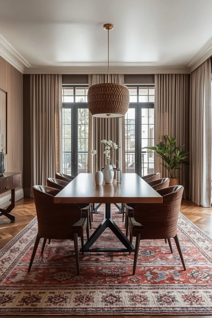 Handwoven kilim rug in earthy tones dining room