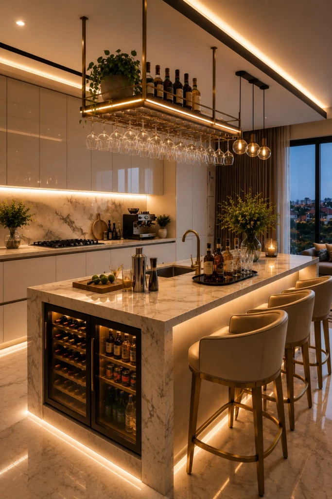 Kitchen island end used as a home bar counter
