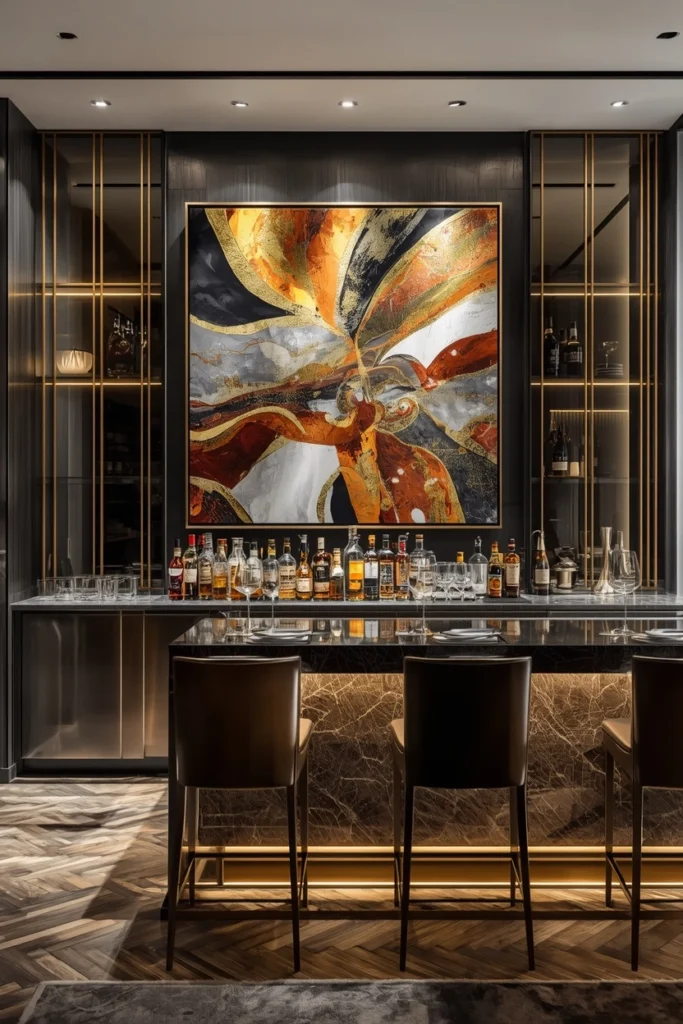 Large abstract painting as home bar focal point
