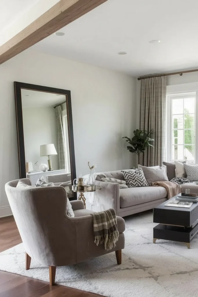 Large wood-framed mirror leaning in farmhouse living room