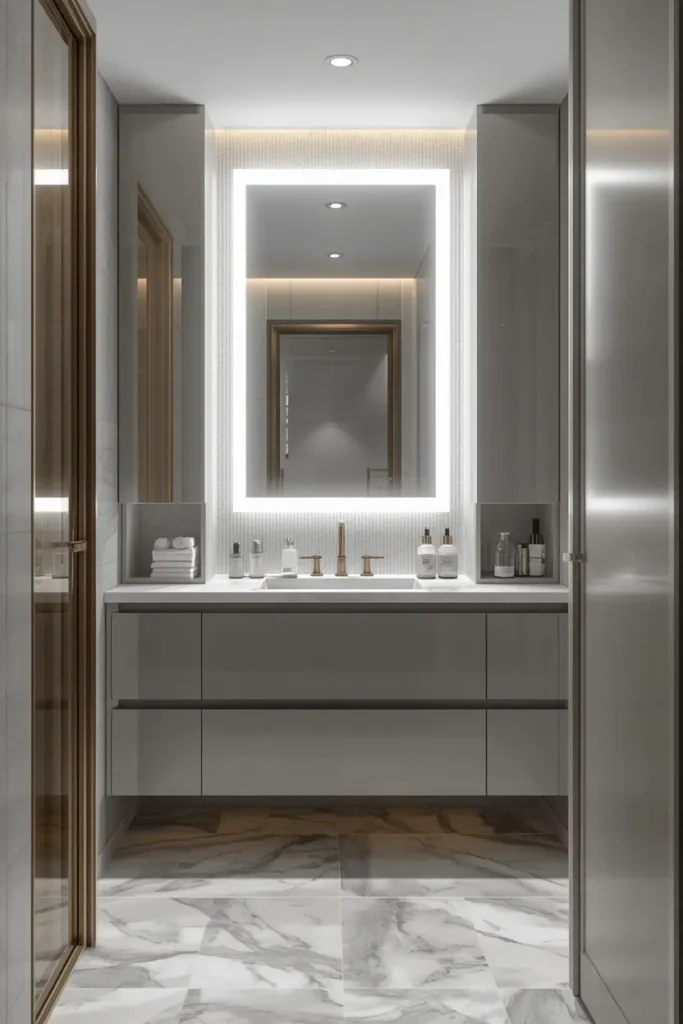 Large LED mirror brightening a small organized bathroom