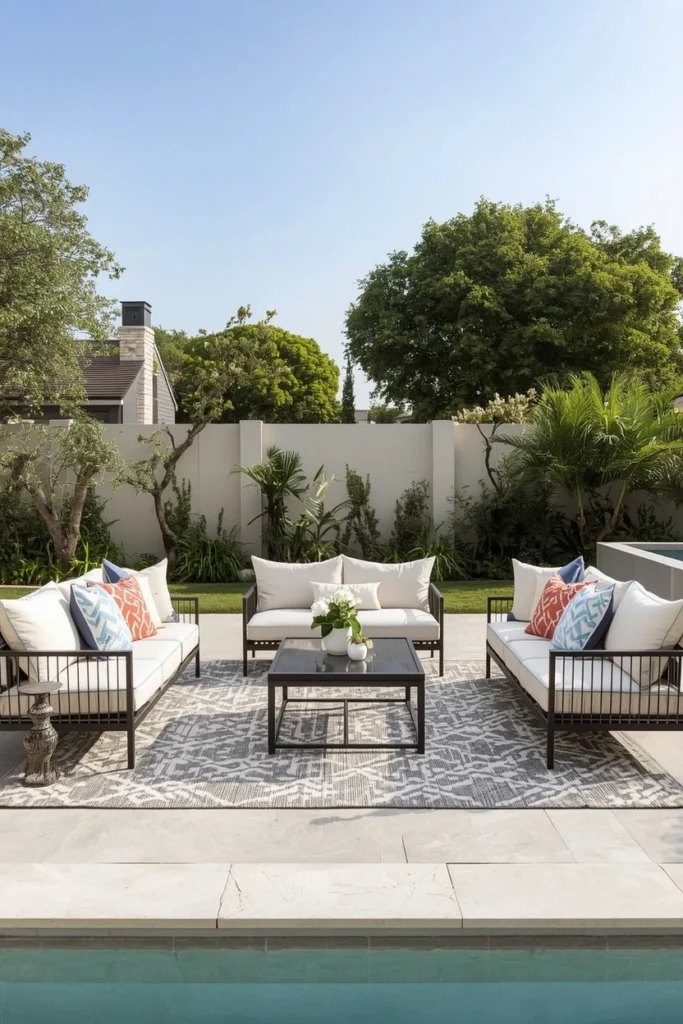 Large outdoor rug under modern poolside seating furniture