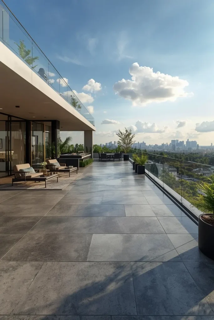 Large porcelain stone-look tiles on spacious modern terrace