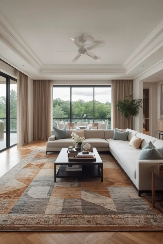 A large rug defining space in an open plan room.