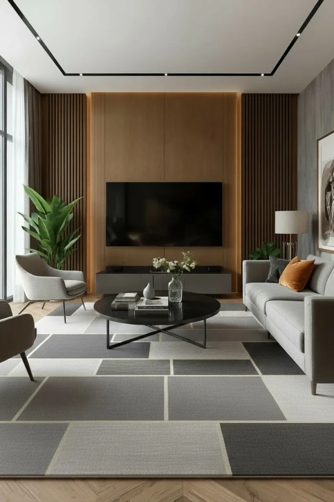 A large rug anchors sofa and chairs together.
