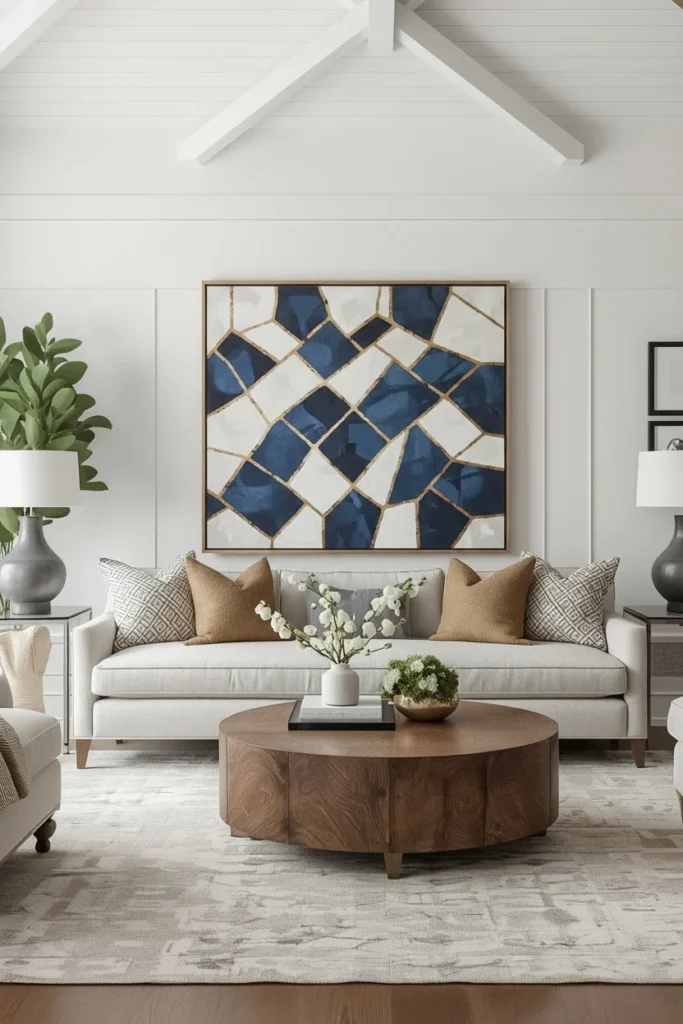 Large earthy toned artwork above farmhouse living room sofa