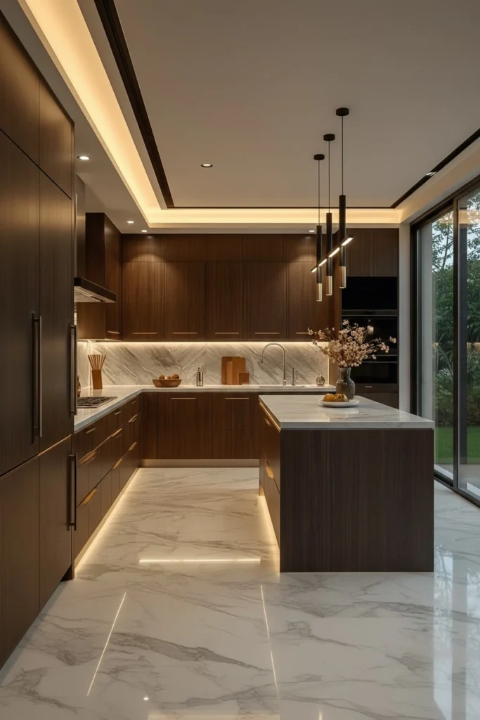 Layered kitchen lighting creates a warm and welcoming cooking space.