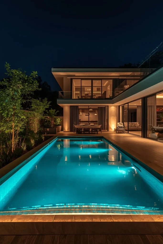Layered LED pool lighting glowing beautifully at night