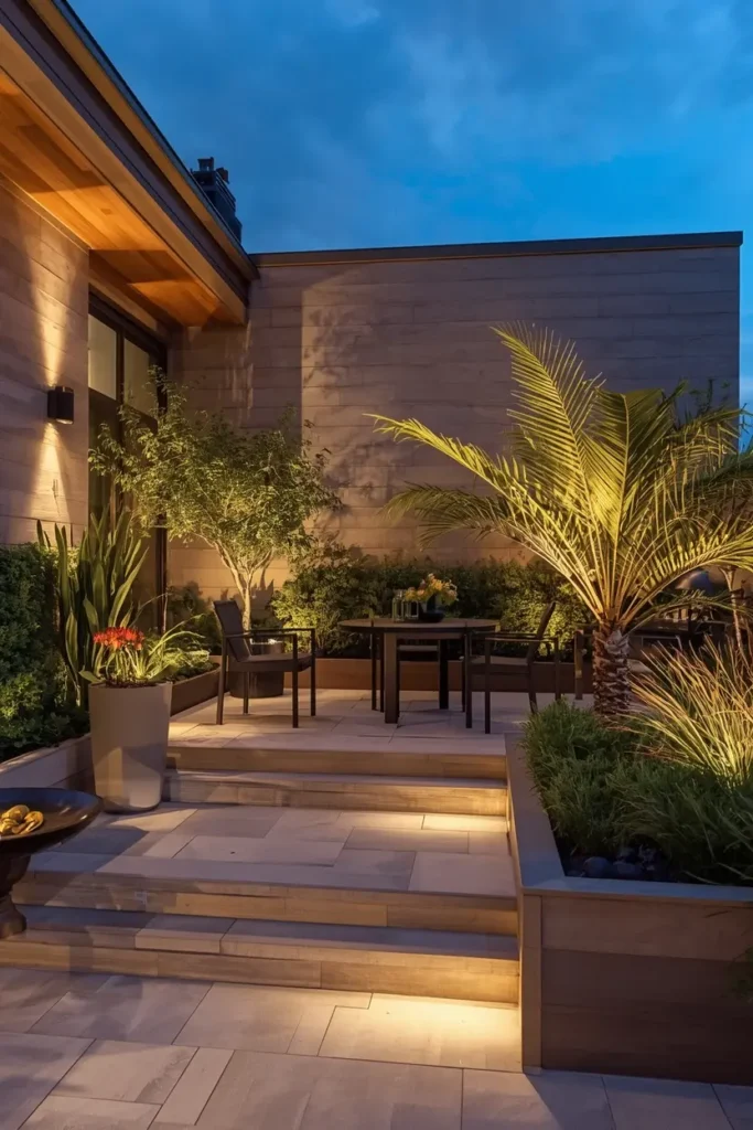 Three-layer outdoor lighting creating warm ambiance on terrace