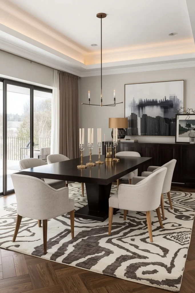 Two layered rugs defining open plan dining zone